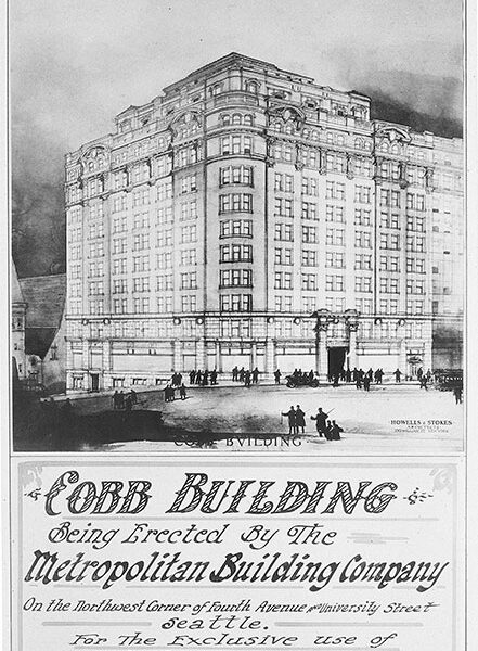 A black-and-white illustration of the Cobb Building, a multi-story structure, with text below advertising its construction in Seattle for the exclusive use of physicians and dentists by the Metropolitan Building Company.