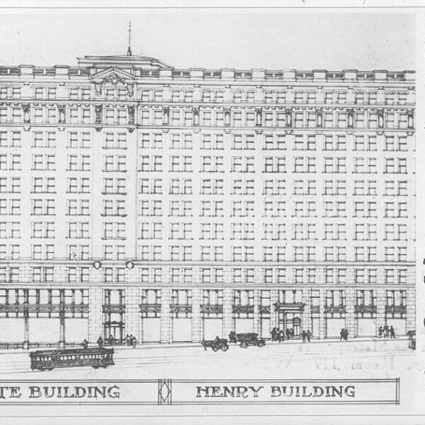 Black and white architectural drawing of a large, multi-story office building labeled “White Building - Henry Building” with handwritten notes describing its location and the Metropolitan Building Company. Several small figures and cars are shown.