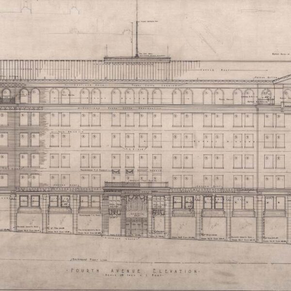 Architectural blueprint of the front elevation of a multi-story historical building with ornate detailing, labeled “Fourth Avenue Elevation.” The drawing includes measurements, notes, and a title block in the lower right corner.