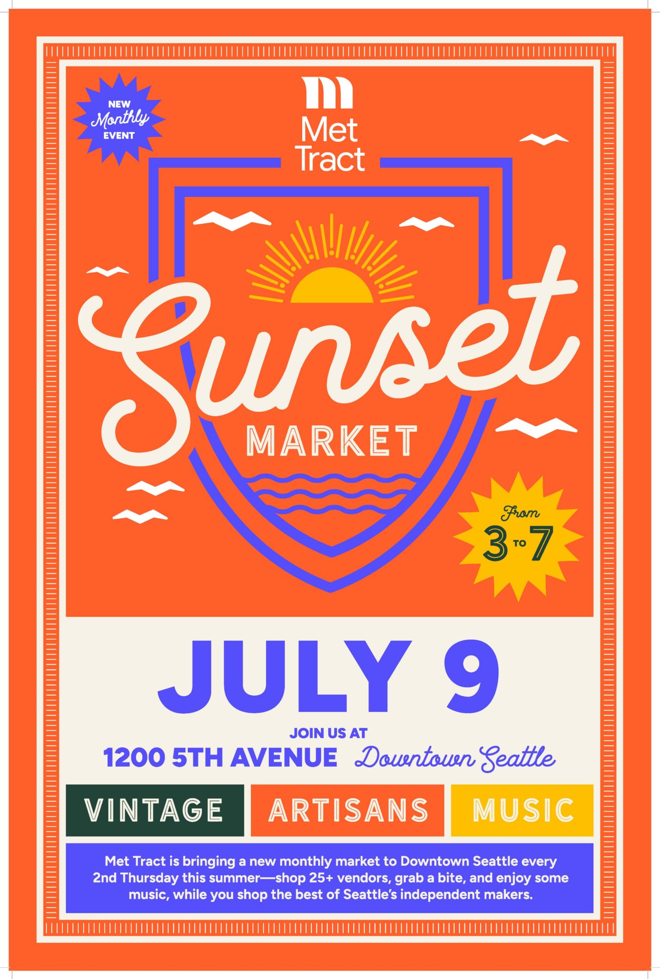 A vibrant poster for “Sunset Market” on July 9, 3–7 PM at 1200 5th Avenue, Downtown Seattle. Features a sun setting over waves, with info on vintage, artisan, and music vendors.