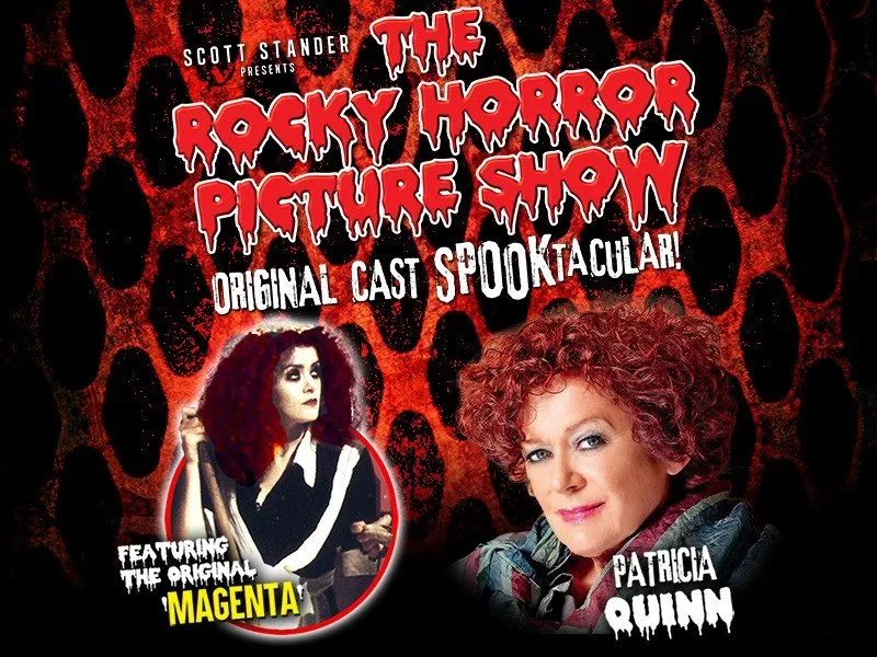 Poster for The Rocky Horror Picture Show with red leopard print background, text promoting Original Cast Spooktacular! featuring Magenta, and a photo of a woman with curly red hair labeled Patricia Quinn.