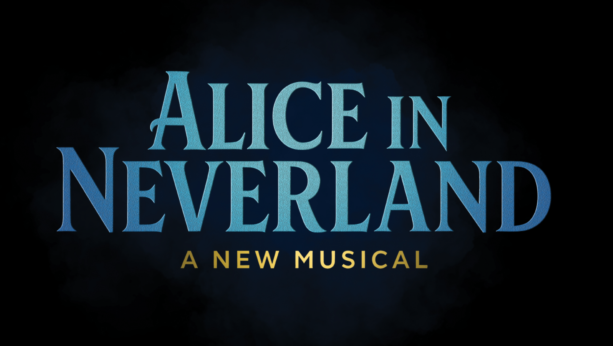 Title card for the musical Alice in Neverland with blue text against a black background.