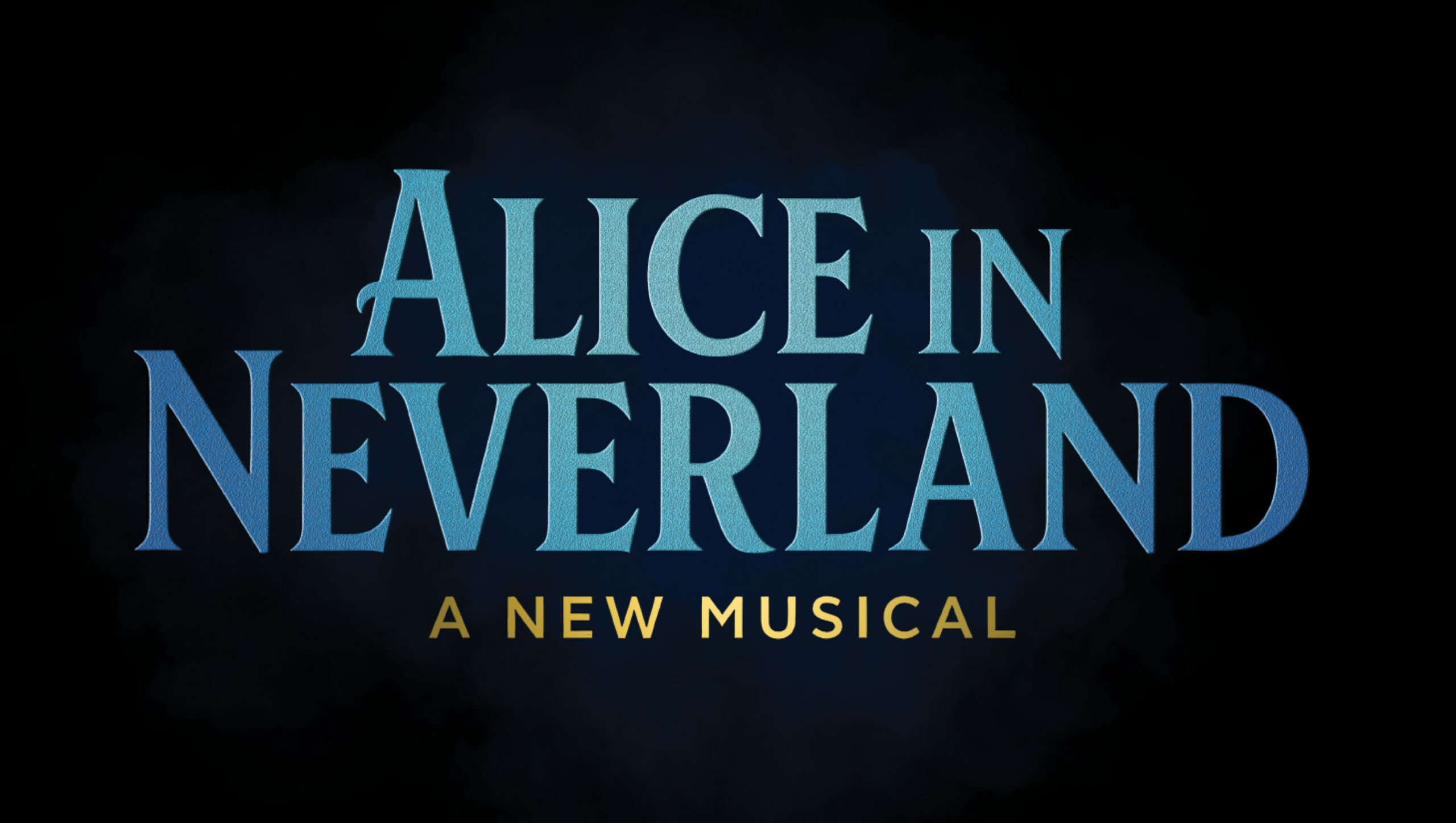 Title card for the musical Alice in Neverland with blue text against a black background.